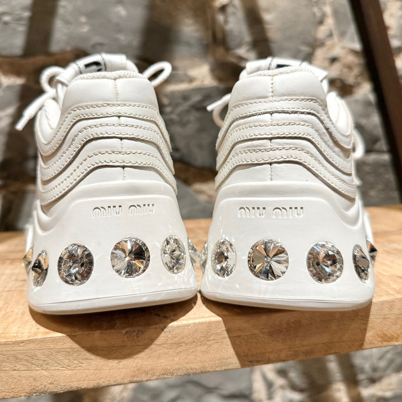 Miu Miu Ivory Leather Crystal Heels Chunky Sneakers