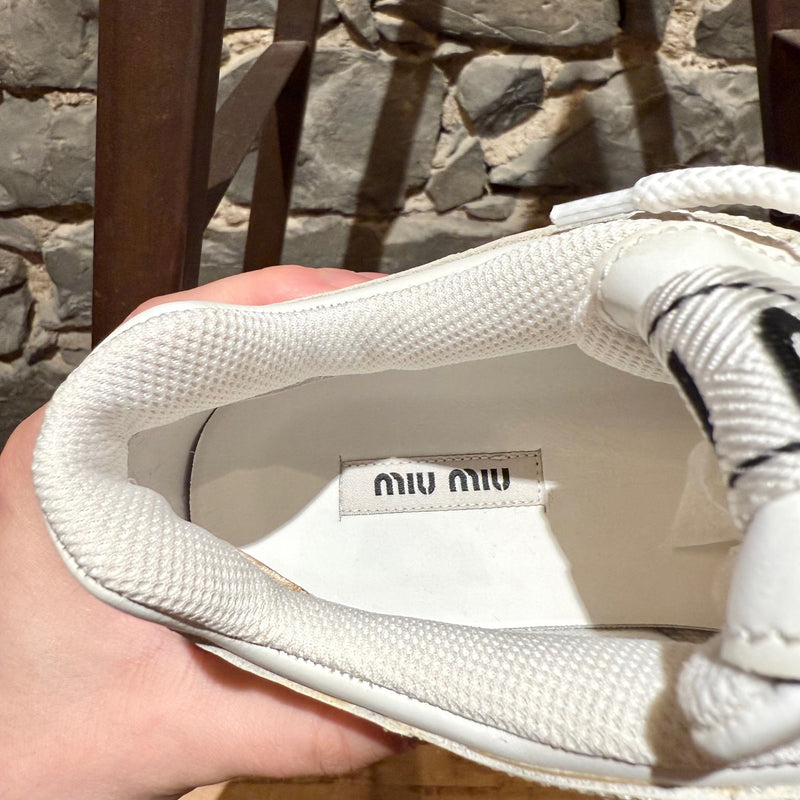 Miu Miu Ivory Leather Crystal Heels Chunky Sneakers