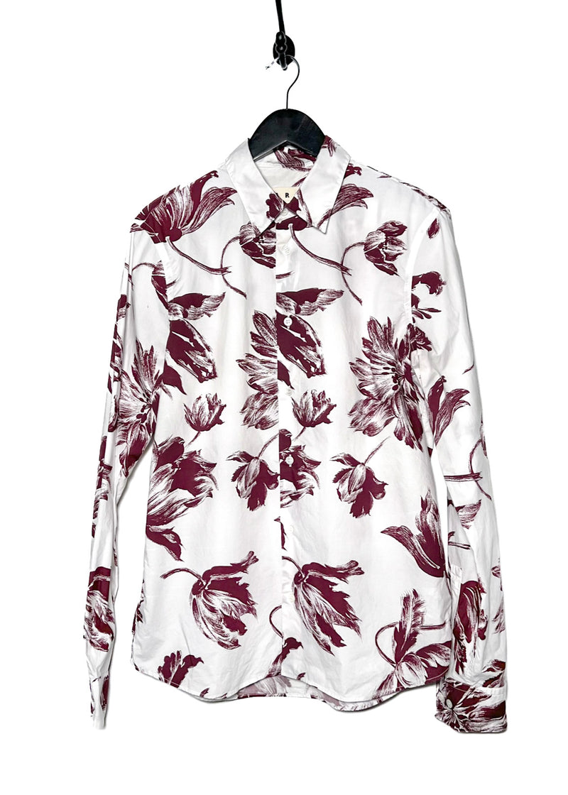 Marni White Burgundy Floral Print Buttoned Shirt