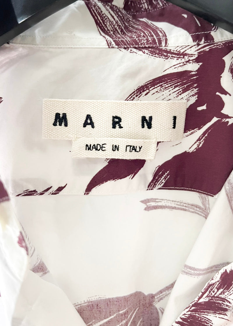 Marni White Burgundy Floral Print Buttoned Shirt
