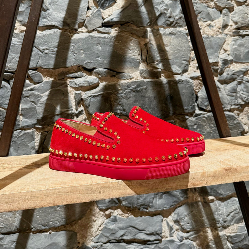 Christian Louboutin Red Suede Pik Boat Spike Slip-on Sneakers