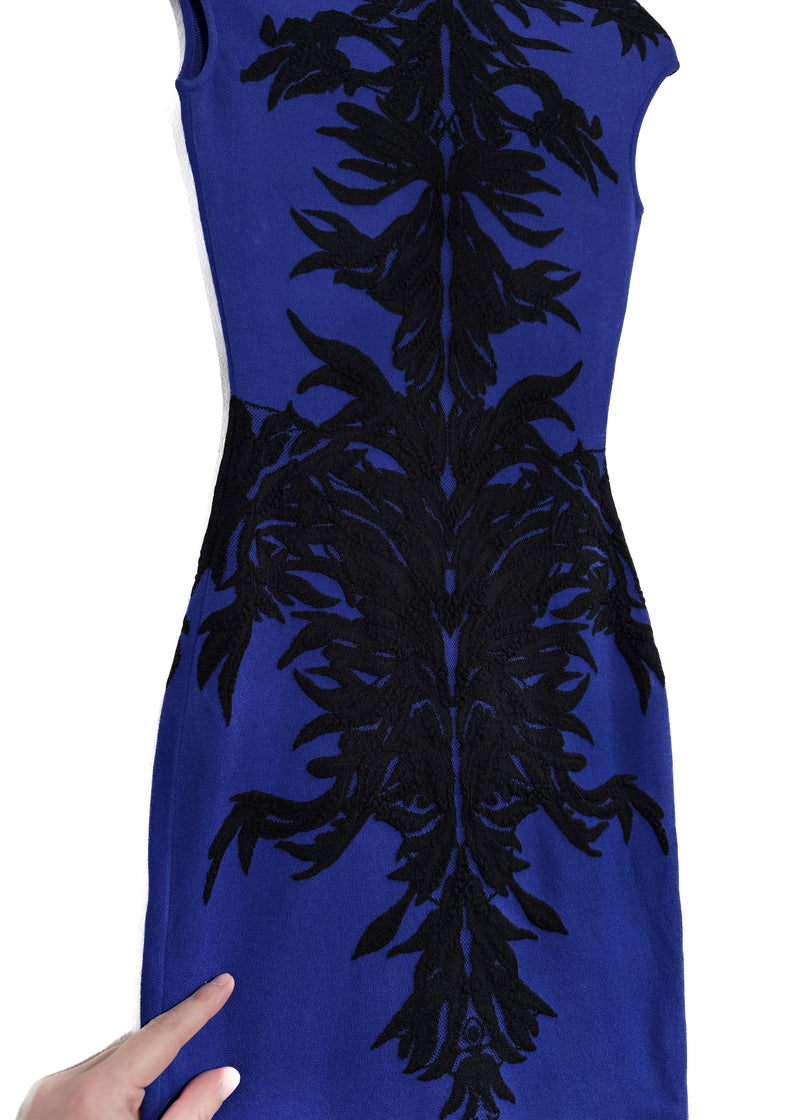 Alexander McQueen Blue Black Leaves Bodycon Intersia Mini Dress
