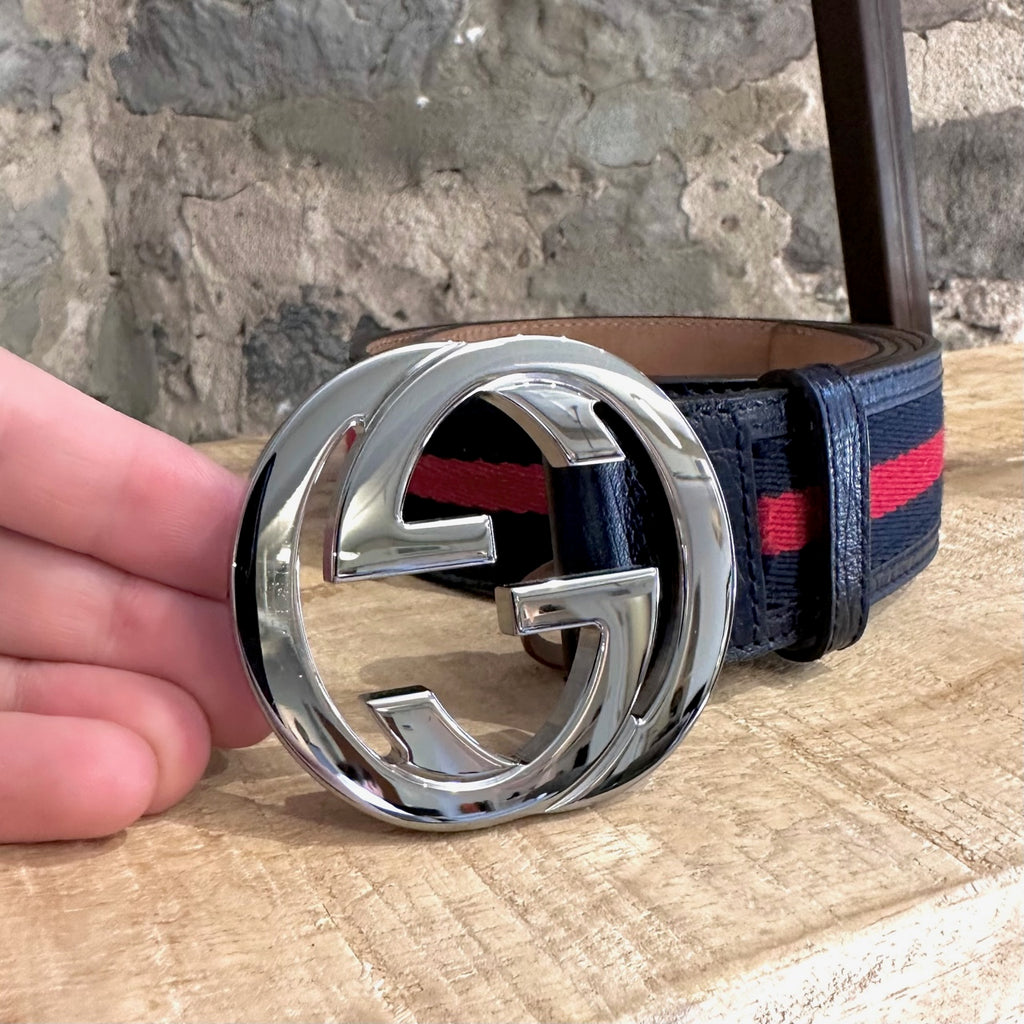 Gucci Interlocking GG Navy Leather Web Accent Belt