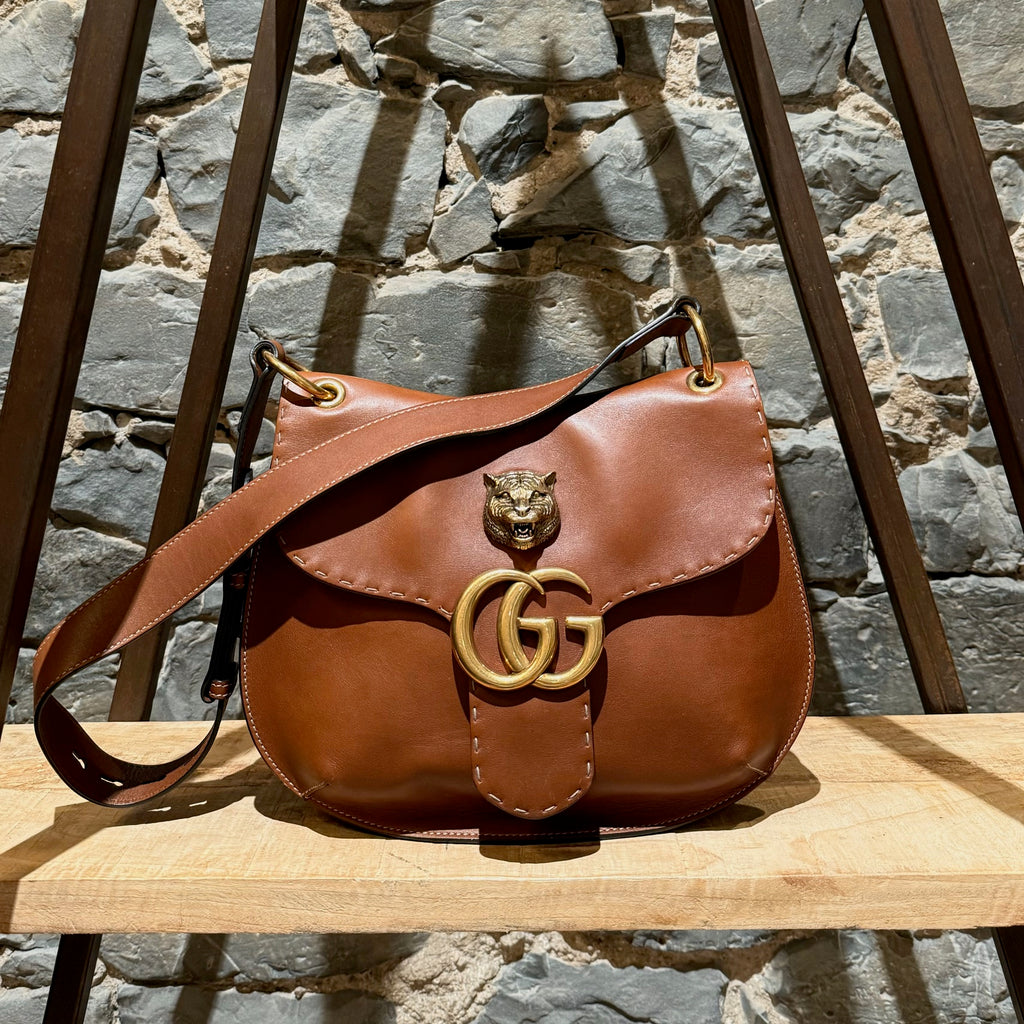 Gucci Brown Leather Animalier GG Marmont Shoulder Bag