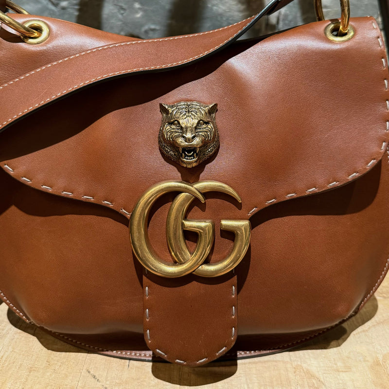 Gucci Brown Leather Animalier GG Marmont Shoulder Bag