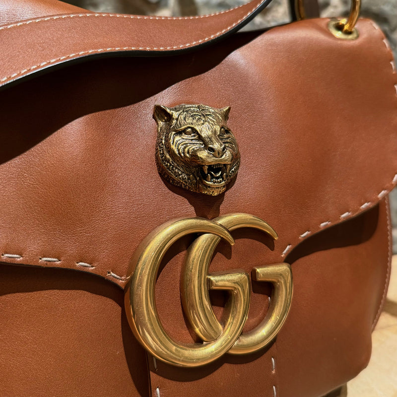 Gucci Brown Leather Animalier GG Marmont Shoulder Bag