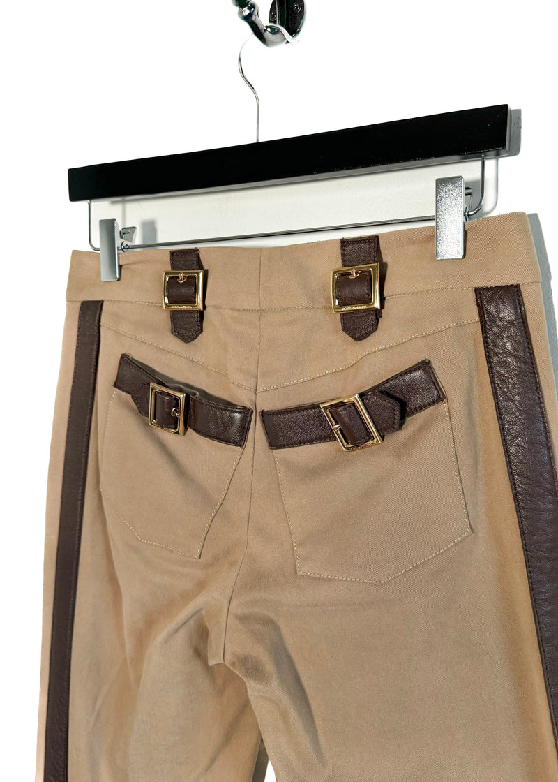 Pantalon en sergé beige Dolce & Gabbana avec bordures en cuir marron
