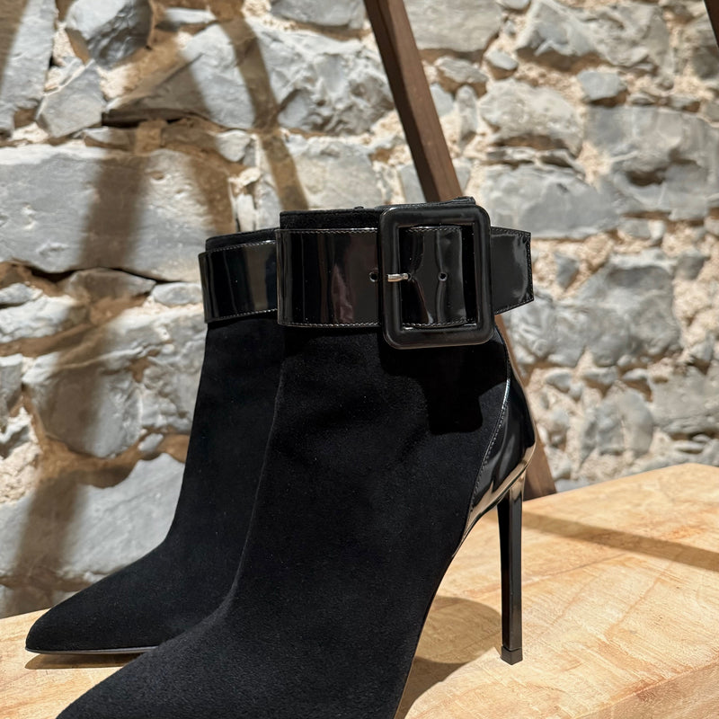 Saint Laurent Black Suede Patent Ankle Strap Heeled Booties