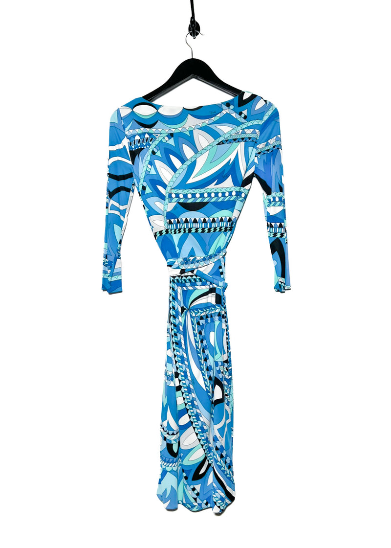 Robe bleue imprimée motifs abstraits Emilio Pucci avec ceinture