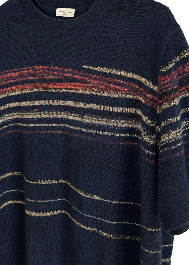 Dries Van Noten Navy Cashmere Blend Striped Short Sleeves Knit Sweater