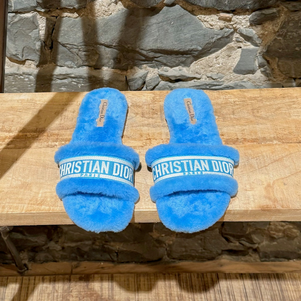 Dior Dynamic Blue Shearling Embroidered Logo Chez Moi Slides