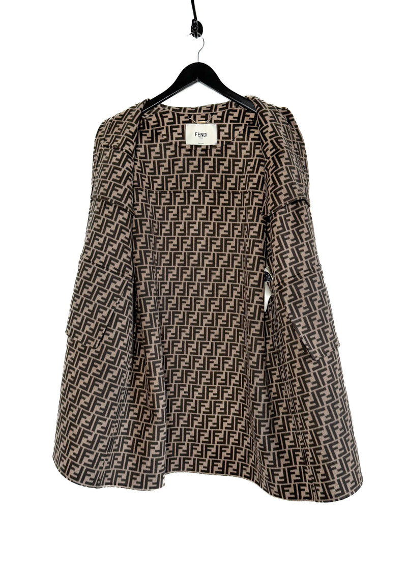 Fendi Oversized Black Wool Zucca Interior Belted Coat