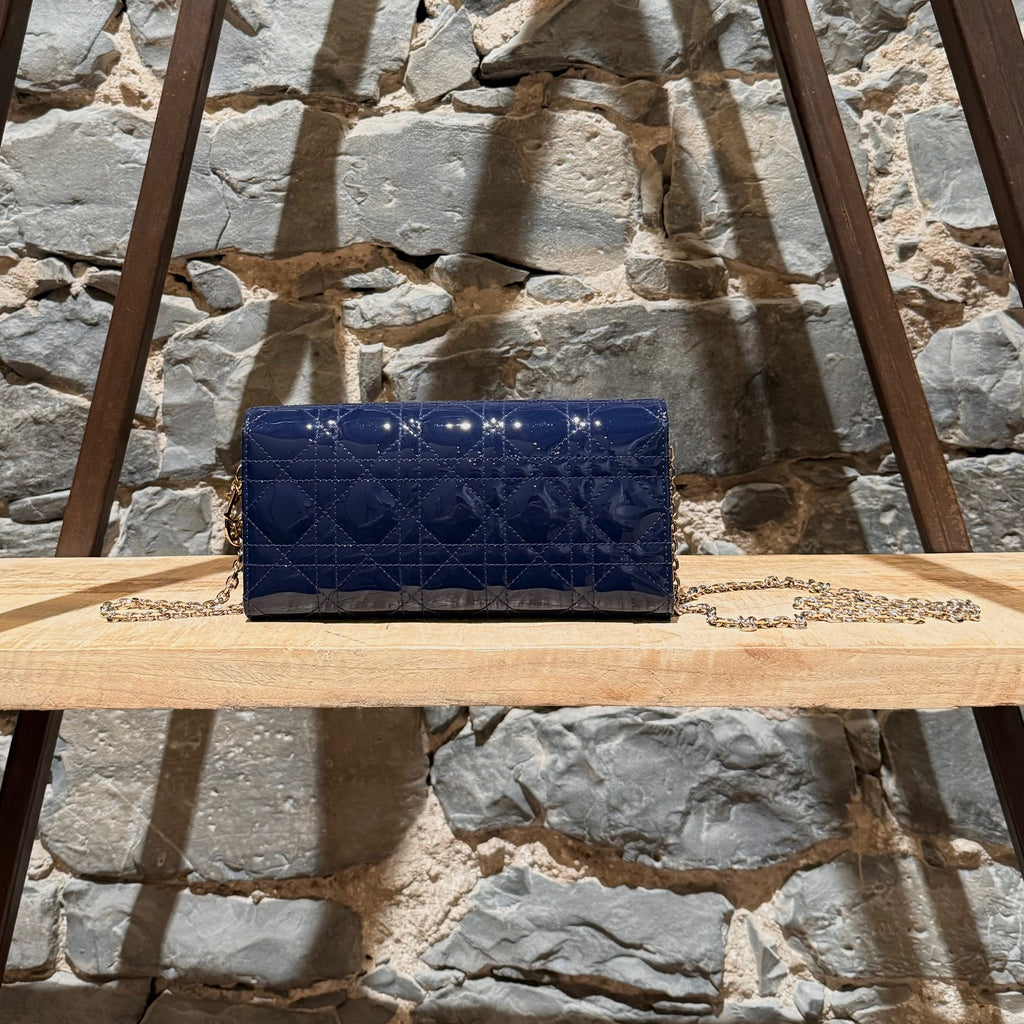 Christian Dior 2018 Navy Blue Patent Cannage Rendez Vous Wallet On Chain