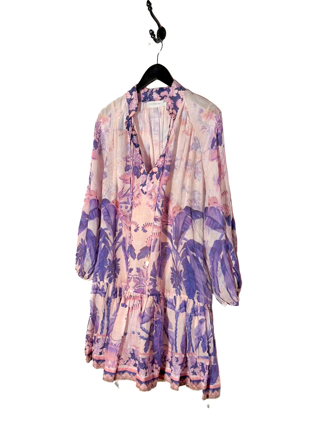 Zimmermann Purple Pink Lyre Billow Palm Print Mini Dress