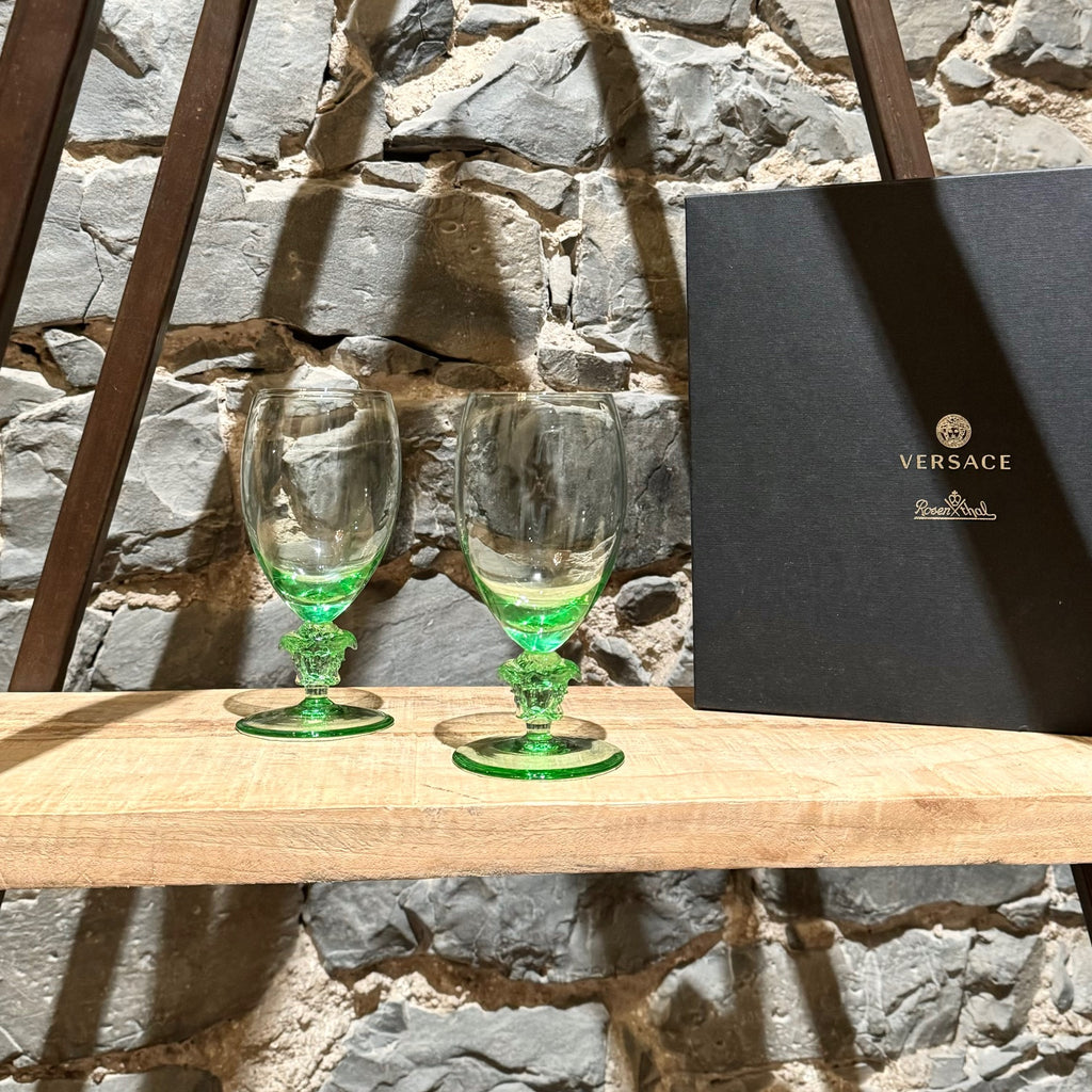 Versace Medusa Lumière Set of 2 Mint Green White Wine Glasses