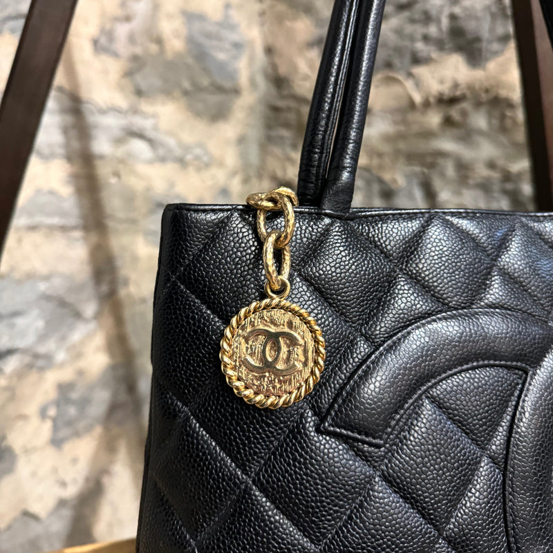 Chanel Vintage 2002-2003 Black Caviar Leather Medallion Tote Bag