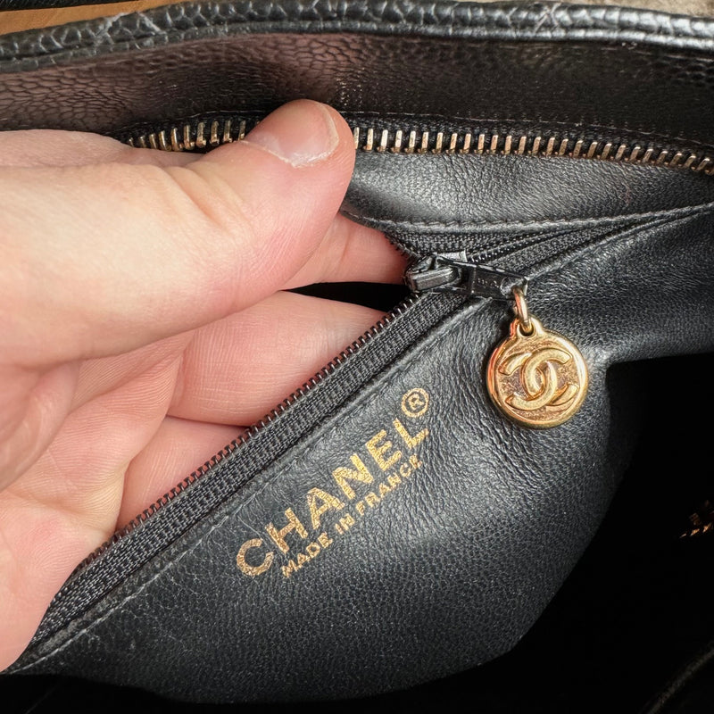 Chanel Vintage 2002-2003 Black Caviar Leather Medallion Tote Bag