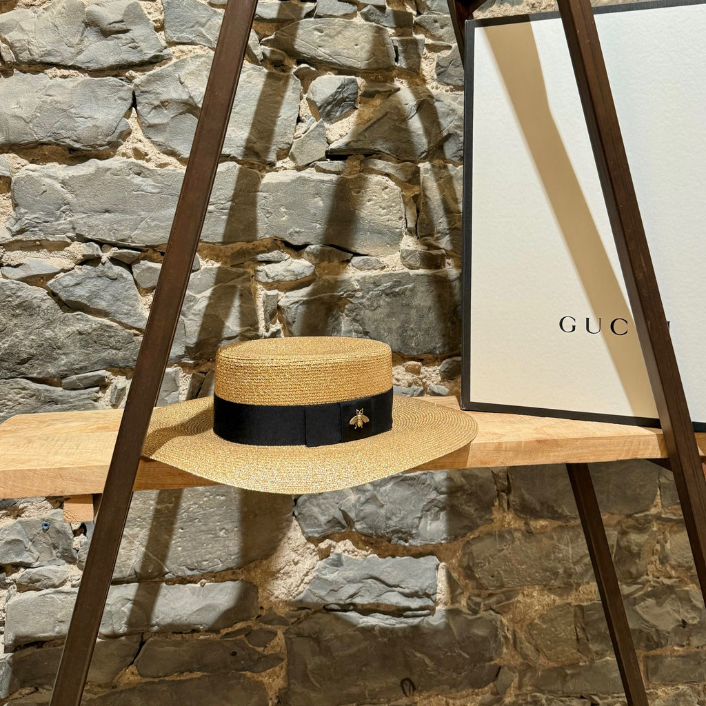 Gucci Bee Accent Metallic Gold Straw Wide Brim Papier Hat