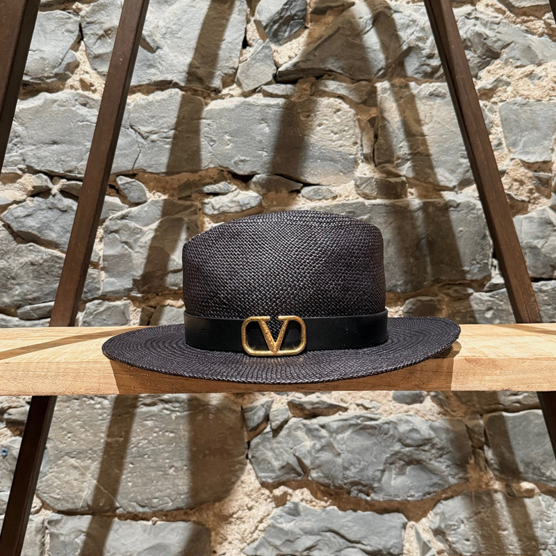 Valentino Vlogo Signature Black Straw Fedora Hat