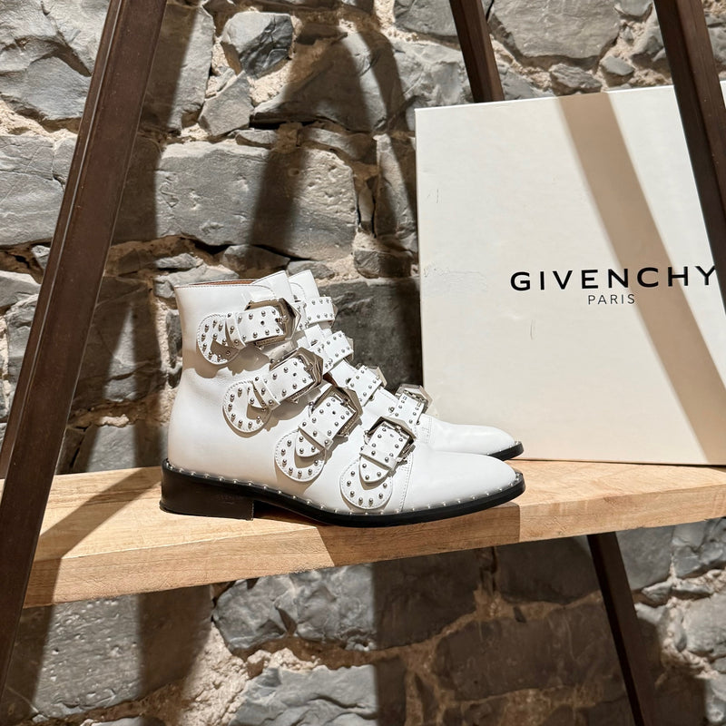 Givenchy White Leather Studded Buckle Western Boots