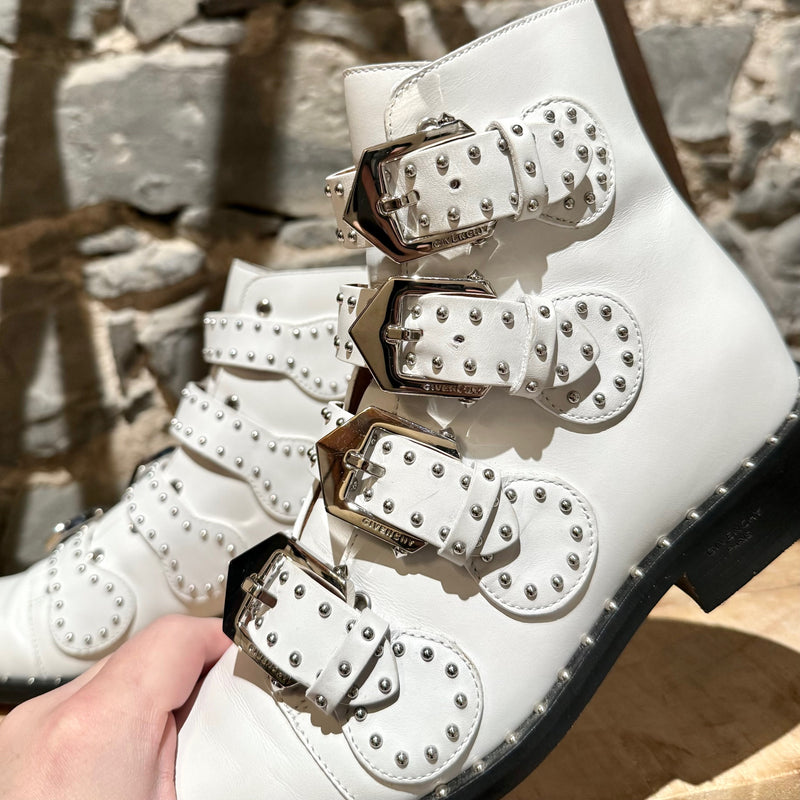 Givenchy White Leather Studded Buckle Western Boots