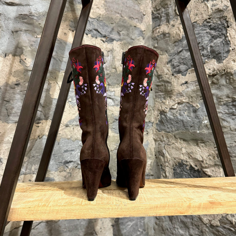 Miu Miu Vintage Brown Suede Flower Embroidered Heeled Boots