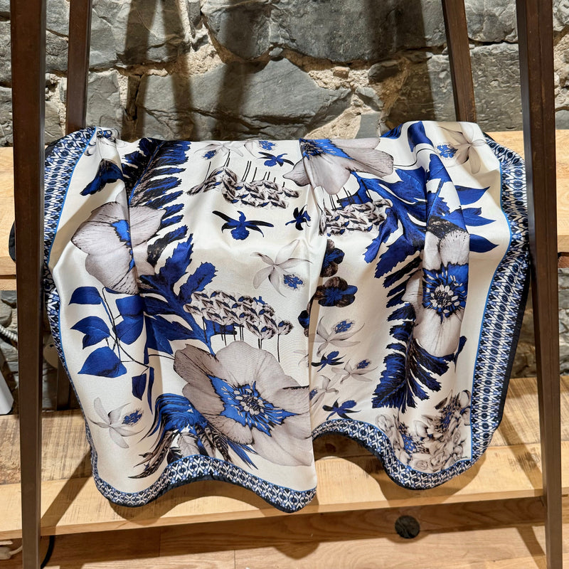 Roberto Cavalli Blue White Floral Silk Square Scarf