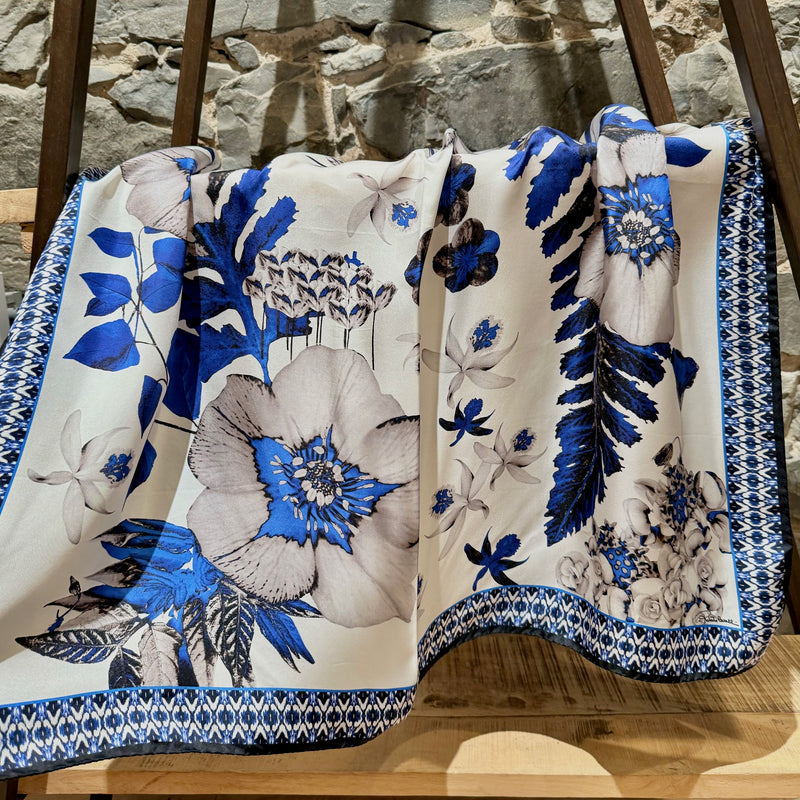 Roberto Cavalli Blue White Floral Silk Square Scarf