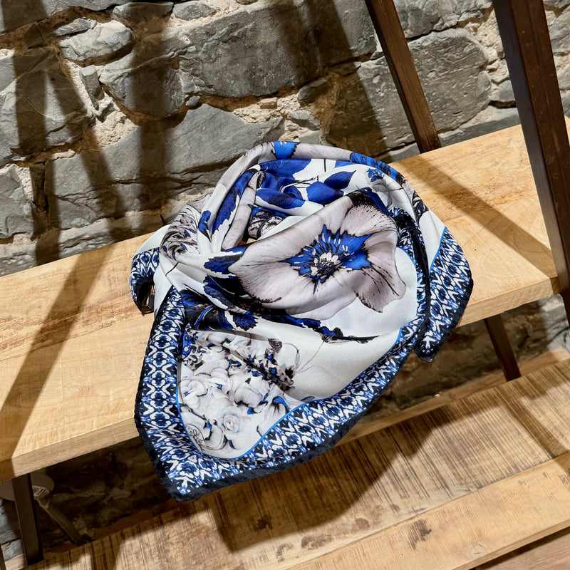 Roberto Cavalli Blue White Floral Silk Square Scarf