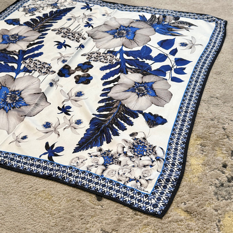 Roberto Cavalli Blue White Floral Silk Square Scarf