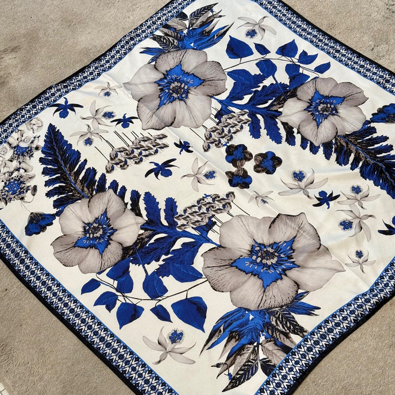 Roberto Cavalli Blue White Floral Silk Square Scarf