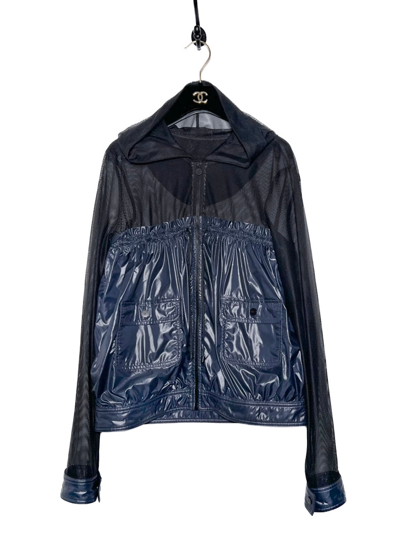 Manteau à capuche Chanel SS 2012 en nylon bleu marine et maille noire