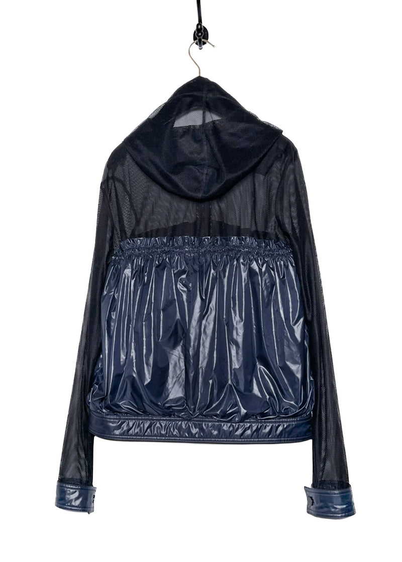 Chanel SS 2012 Black Mesh Navy Blue Nylon Hooded Jacket
