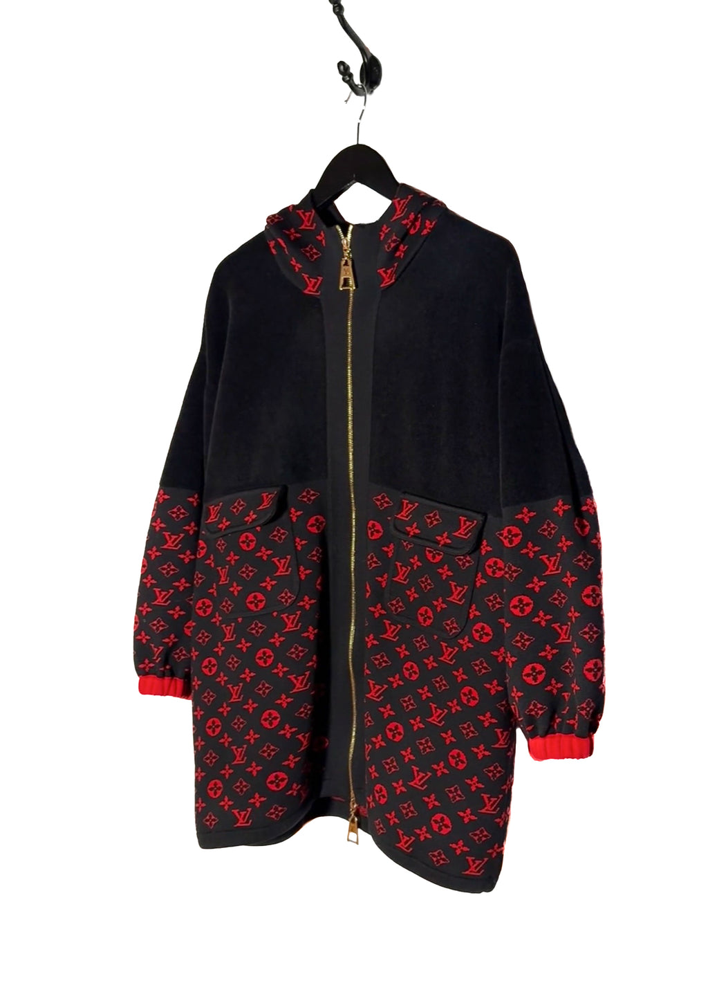 Louis Vuitton Black Red Monogram Wool Blend Knit Oversized Jacket