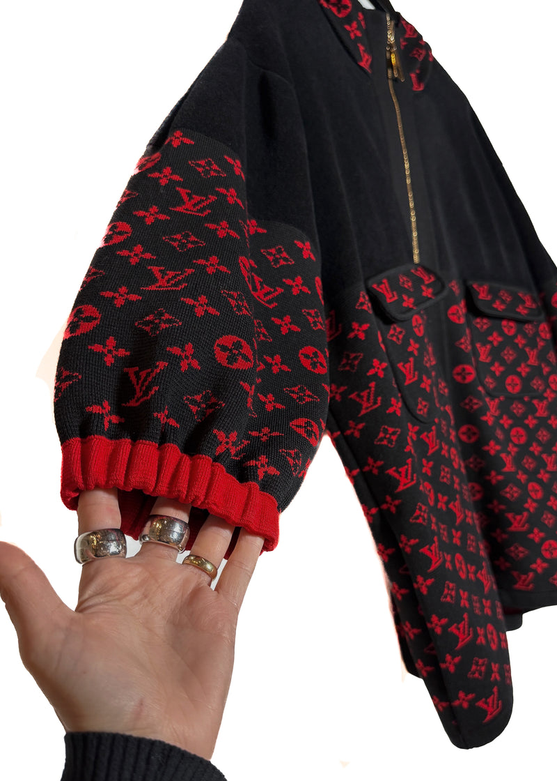 Louis Vuitton Black Red Monogram Wool Blend Knit Oversized Jacket