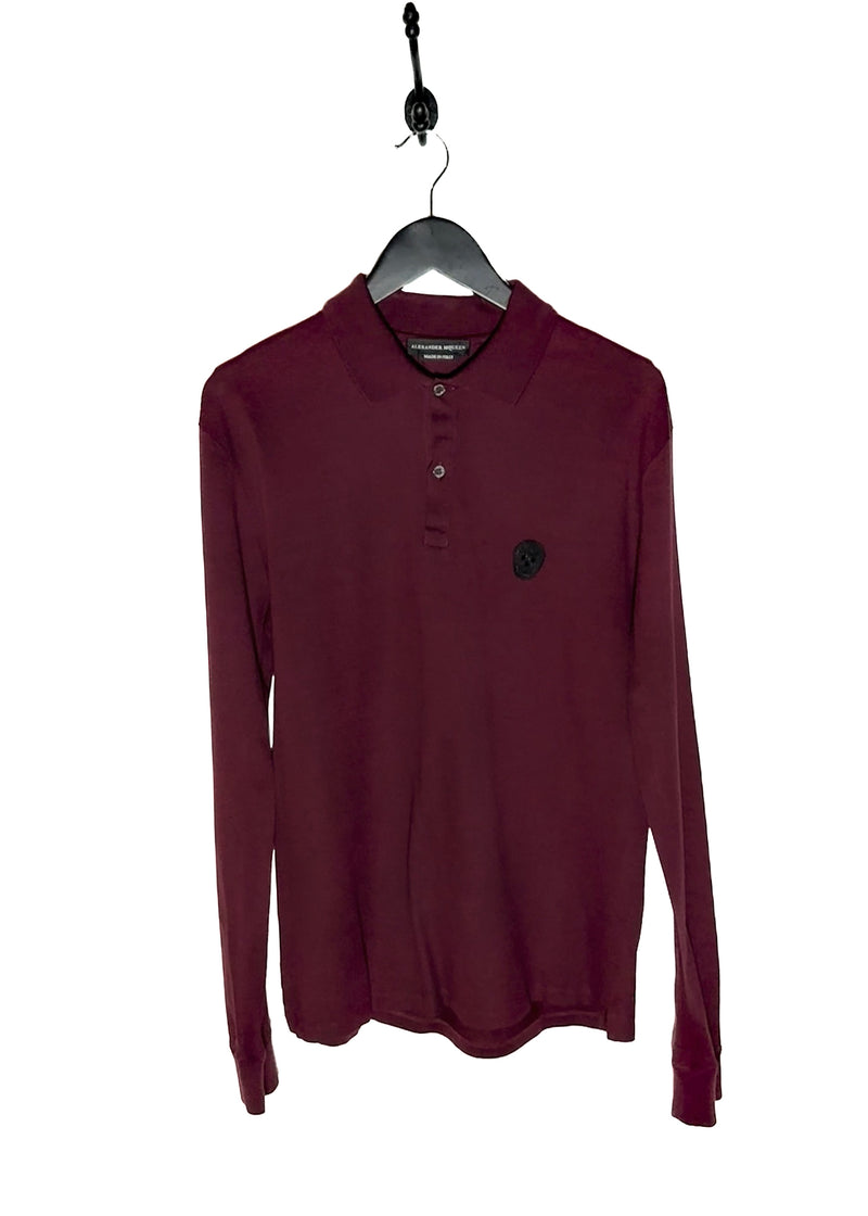 Alexander McQueen Burgundy Long Sleeves Skull Embroidered Polo Shirt