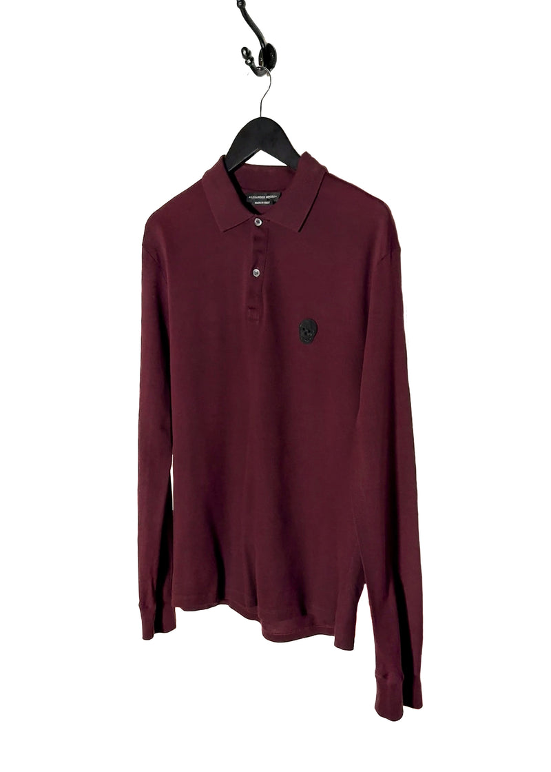 Alexander McQueen Burgundy Long Sleeves Skull Embroidered Polo Shirt