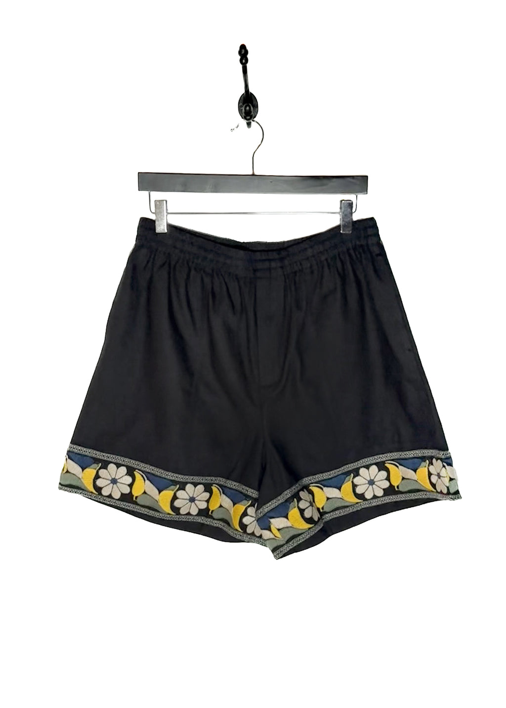 Bode Zinnia Ribbon Flower Embroidered Black Shorts