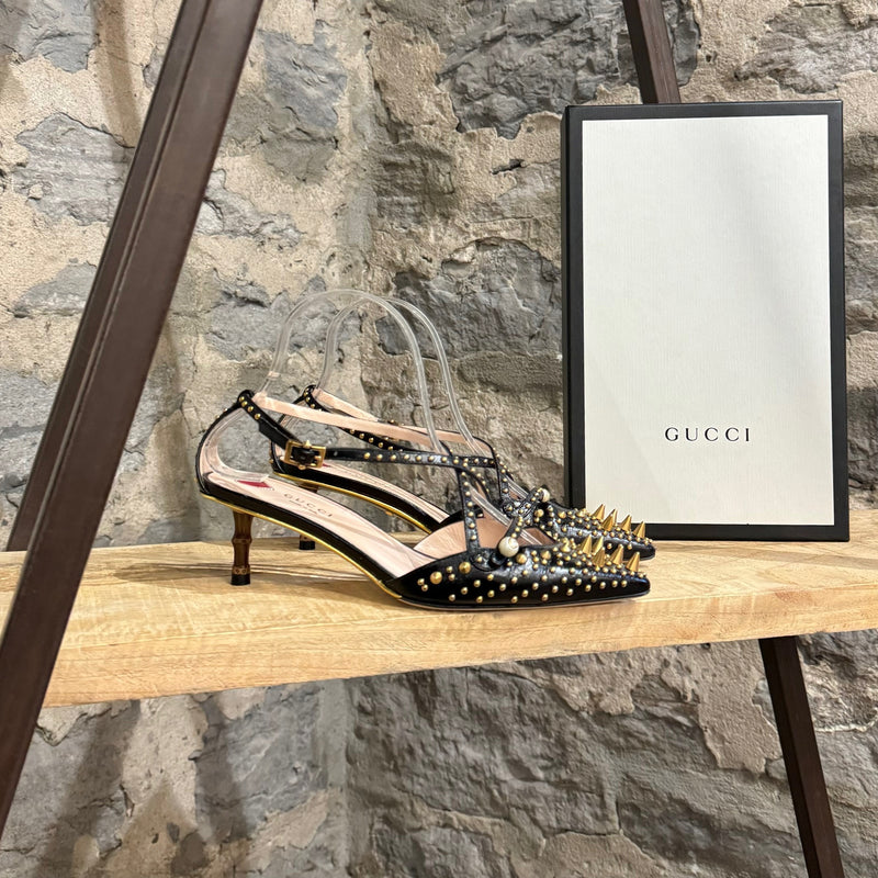 Gucci Unia Black Leather Studded Bamboo Heel Pumps