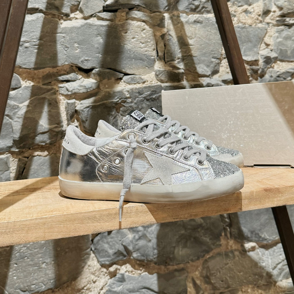 Golden Goose Silver Laminated Glitter Superstar Sneakers