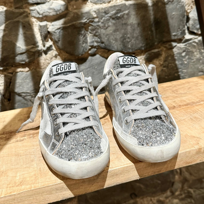 Golden Goose Silver Laminated Glitter Superstar Sneakers