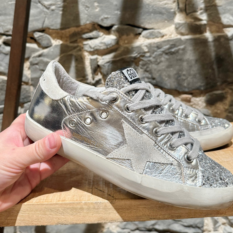 Golden Goose Silver Laminated Glitter Superstar Sneakers