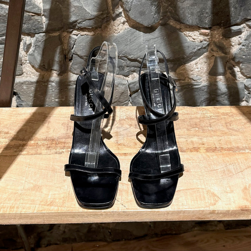 Gucci Tom Ford SS 1998 Black Strappy G Buckle Heeled Sandals