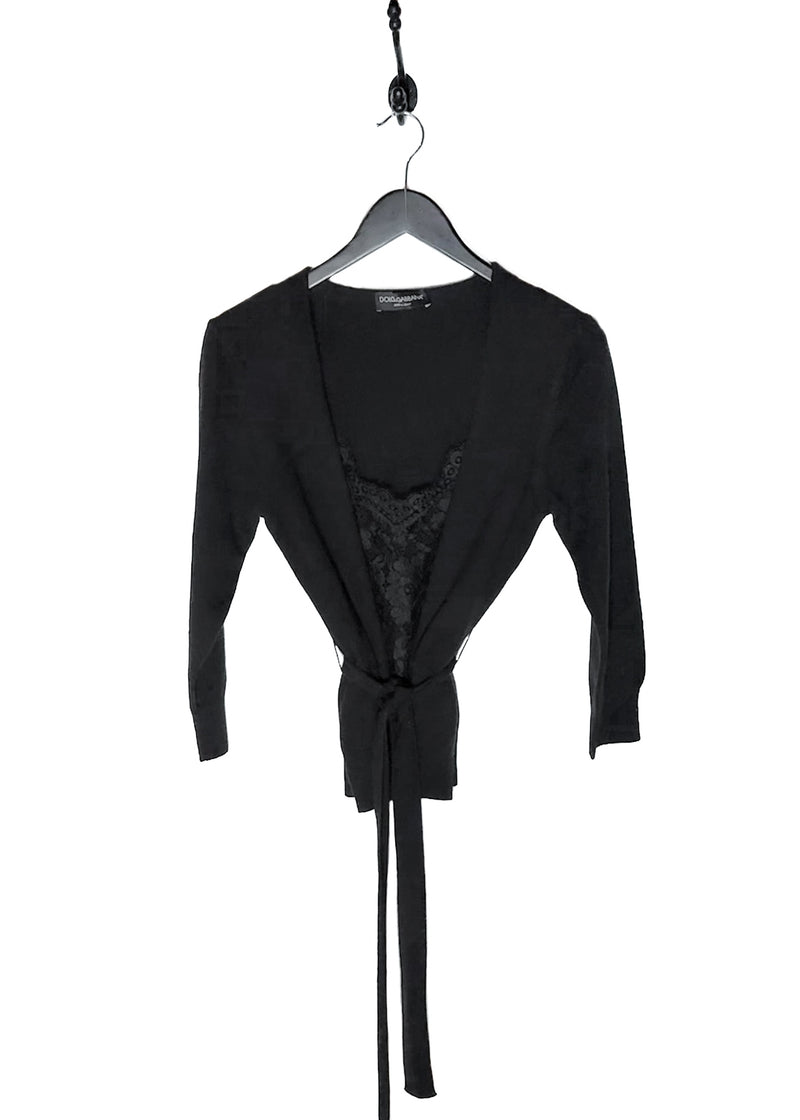 Pull cardigan ceinturé en laine noire avec empiècement en dentelle Dolce & Gabbana