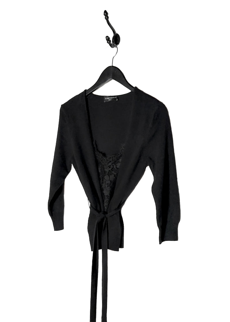 Pull cardigan ceinturé en laine noire avec empiècement en dentelle Dolce & Gabbana