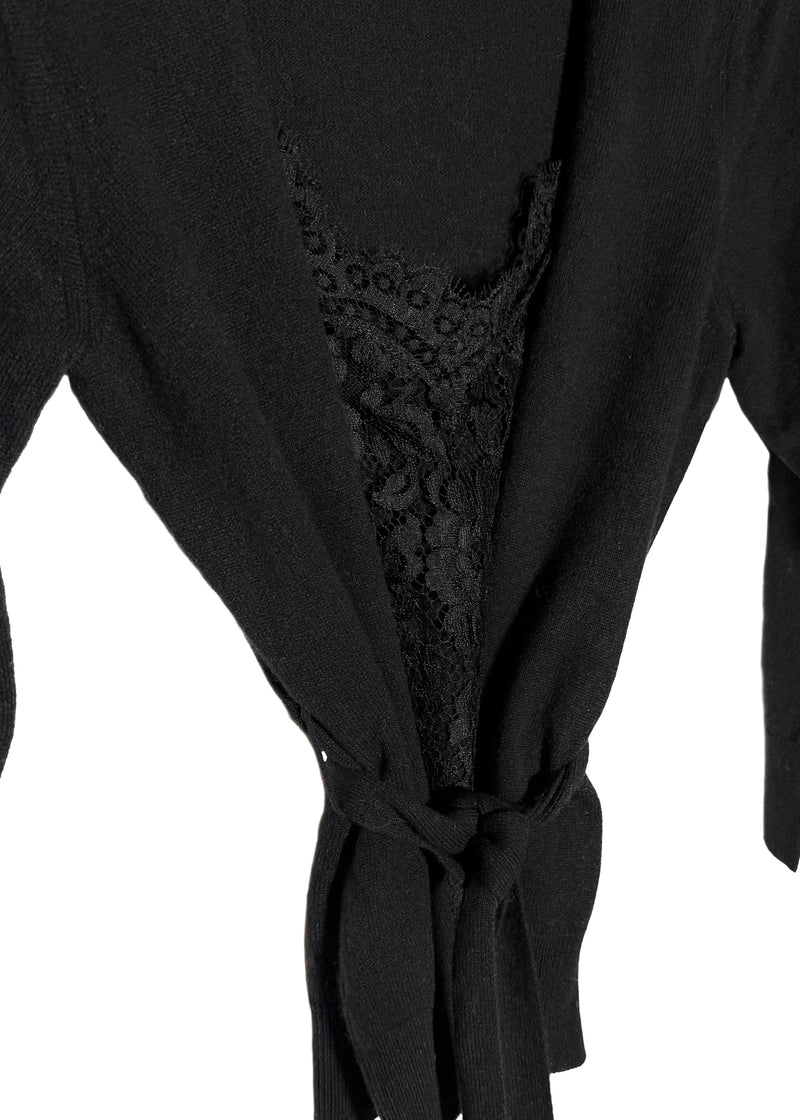 Pull cardigan ceinturé en laine noire avec empiècement en dentelle Dolce & Gabbana