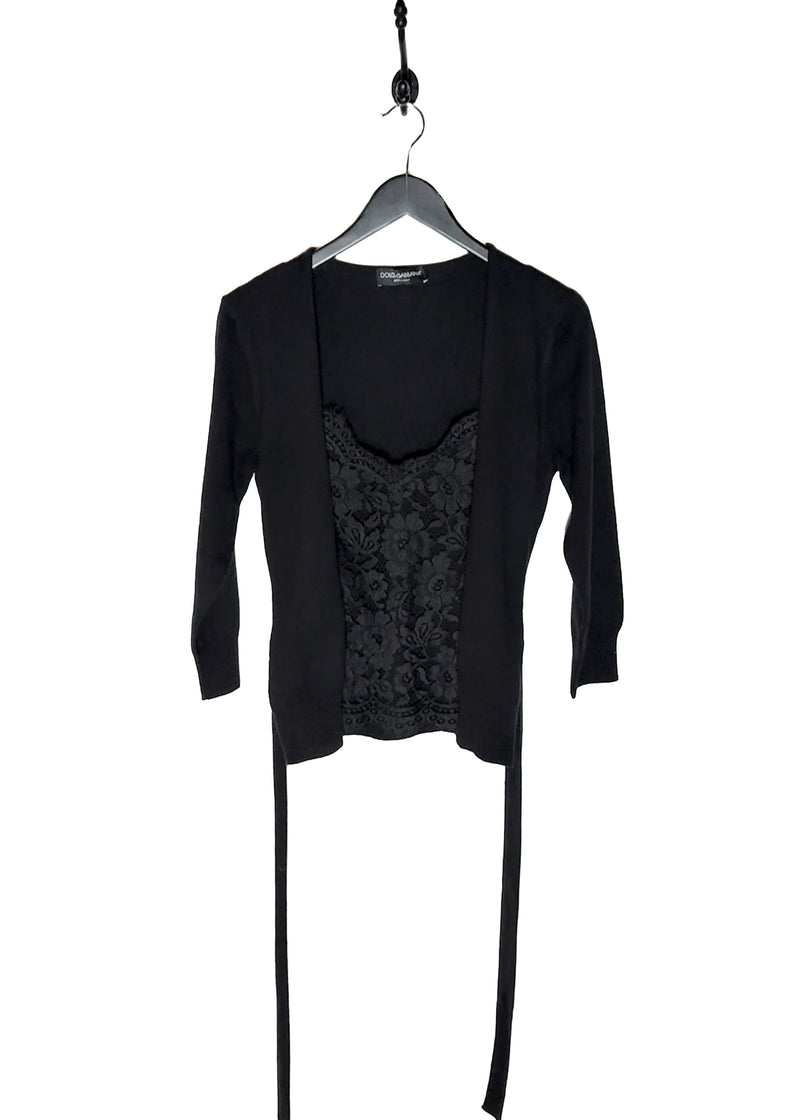 Pull cardigan ceinturé en laine noire avec empiècement en dentelle Dolce & Gabbana