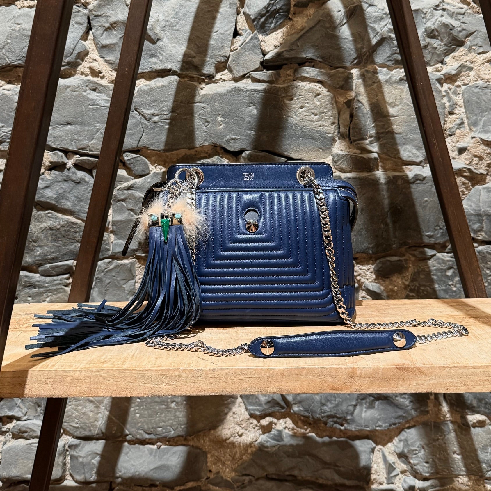 Fendi Navy Blue Quilted Leather DotCom Small Chain Bag W/ Bug