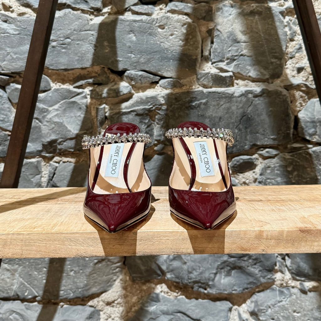 Jimmy Choo Burgundy Patent Bing 100 Crystal-Embellished Heeled Mules