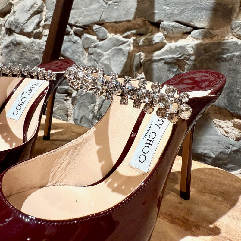 Jimmy Choo Burgundy Patent Bing 100 Crystal-Embellished Heeled Mules